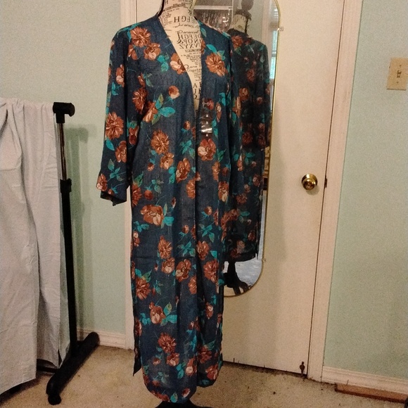 Women's Jessica Simpson Navy Brown floral Beau Femme Blakely Beach Cover Med - Picture 2 of 5